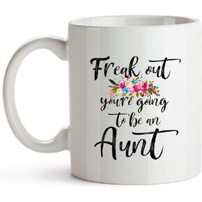 YouNique Designs Freak Out Youre Going to be an Aunt Pregnancy Announcement Mug, 11 Ounces, Soon to be Aunt Gifts (Black Handle)