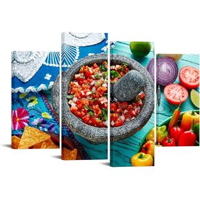 LevvArts 4 Piece Mexican Food Canvas Wall Art Various Vegetable Colorful Food Pictures Wall Decor for Kitchen Dining Room Mexican Restuarant Decorations Stretched Ready to Hang