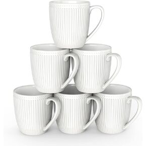 Coffee Mugs Set of 6, 16 Oz White Coffee Mugs, Porcelain Mugs, Large and Easy to Grip Mug Sets, Embossed Coffee Cup Set for Coffee, White