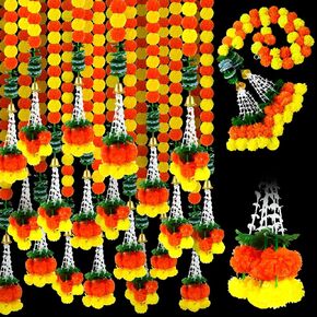 Lyrow Marigold Garland for Decoration 5 ft Long Strands Faux Marigold Flowers Faux Flower Garland Decorations Indian Wedding Flower Garland for Pooja Diwali Christmas Events(Orange, Yellow, 10 Pack)