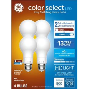 GE A19 LED Bulbs, 60W Equivalent, 2CCT Color Select Relax Soft White | Refresh Daylight, Enclosed Fixture Rated, 8W, 800 Lumens, Glass, Dimmable, UL Listed, E26 Medium Base (4 Pack)