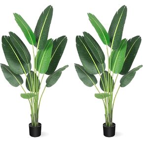 IDEALHOUSE 2 Packs Artificial Bird of Paradise Plant, 60 Inches Artificial Faux Banana Leaf Plants with Pot, 5ft Artificial Standing Plants with 8 Trunks for Home Living Room Office Decor
