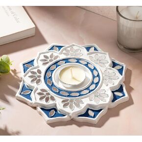 حامل شموع الشاي الخفيف من IndoTribe - 6 بوصة، حامل شموع Lippan Tealight باللونين الأزرق والأبيض | حامل إضاءة على شكل حرف T لديكورات ديوالي للمنزل، غانيش بوجا، ديكورات الزفاف الهندية in Kuwait