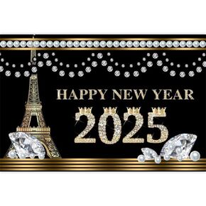 Leyiyi 5x3ft Diamonds Backdrop Crown Happy New Year 2025 Sparkling Diamonds Peal Golden Eiffel Tower Black and Gold Glitter Background New Year's Eve Party Holiday Decoration Photo Studio Prop