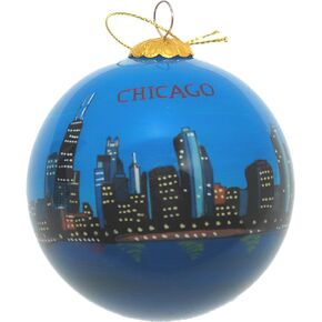 Blown Glass Christmas Ornament | Chicago, Illinois Skyline Dusk | Hand Painted Inside | Original Art | Includes Gift Box