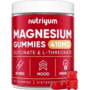 Magnesium Glycinate Gummies for Adults & Kids - 410mg Elemental Magnesium L-Threonate Chewables for Bones & Memory Support, Calm Mood - 2 Month Supply Magnesium Gummies Supplement Complex - 60 pcs
