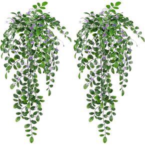 2 x Fake Hanging Plants Small Artificial Potted Lysimachia Plants with OrangeRed Flowers for Home Decor Nearly Natural Hanger Greenery for Wall Room Indoor Outdoor Shelf Decor OrangeRed