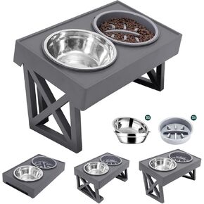 MDEHOPET Elevated Dog Bowls with Slow Feeder Bowl 2 Stainless Steel Food & Water Bowls Adjusts to 9 Heights (2.7", 9.4",11.4",13",14.4",15.3", 16.3", 16.9",17.7") for Small Medium and Large Dogs