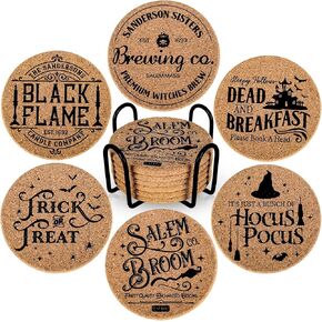 AnyDesign 6Pcs Halloween Cork Coasters with Holder Hocus Pocus Round Farmhouse Coasters Heat-Resistant Cup Mats for Wooden Table Protection Halloween Party Home Kitchen Table Supplies