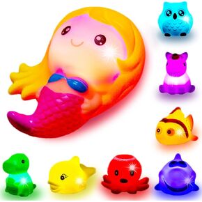 Bath Toys 8 Pcs Light Up Floating Cute Animal Toys for Baby Toddler, Flashing Color Changing Light up in Water Bathtime Shower Bathtub Toy for Kids Infant Swimming Pool Birthday Party Toy