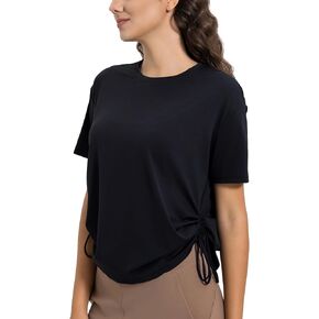 altiland Drawstring Side Ruched Workout T Shirt for Woman, Quick Dry Athletic Tee Yoga Exercise Running Tops Loose Fit