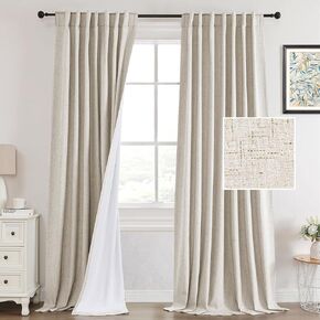 PrinceDeco 100% Black Out Curtains 84 Inch Long Linen Blackout Curtains for Bedroom Back Tab/Rod Pocket Living Room Drapes Thermal Insulated Textured Blackout Curtains Soundproof,2 Panels,Ivory