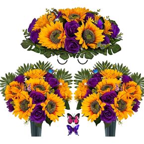 Cemetery Flowers Saddle and 2 Bouquets for Grave Decor, Silk Sunflower Rose Headstone Flower Saddle, Bright and Colorfast,Purple/Yellow