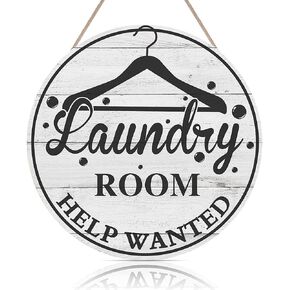 FWIEXA Laundry Room Help Wanted Rustic Wood Sign Plaque (12"x 12"), Wooden Wall Door Sign with hanger, Vintage Wooden Laundry Room Hanging Sign Decor for Laundry Room Wash House Farmhouse