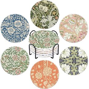 AnyDesign 6Pcs William Morris Floral Ceramic Coaster Plant Flower Absorbent Drink Coaster with Cork Base and Metal Holder for Coffee Table Room Bar Home Decor Housewarming Gifts