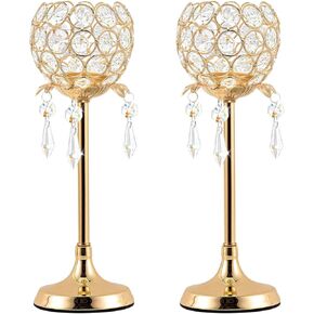 Kehail Set of 3 Gold Crystal Tea Light Candlestick Holders Flower Shape with Crystal Pendant Bowl Votive Metal Candle Holder for Table Centerpieces Wedding Home Decor (Set of 3, Gold)