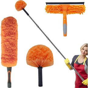 20 Feet High Reach Duster Kit with 3-12 Ft Splicable Extension Pole, Cobweb Duster, Window Squeegee with Scrubber, Spider Web Brush, High Ceiling Feather Duster for High Window, Interior Roof