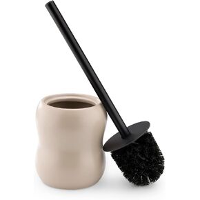 Navaris Toilet Brush & Ceramic Holder - Toilet Cleaner Brush and Base Set - WC Scrubber Brush & Ceramic Holder Stand for Restroom/Bathroom - Beige
