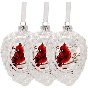 Cardinal Christmas Ornaments - Set of 3 Glass Ornament Pinecone Shape - Cardinal on a Branch with Berries
