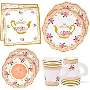 24 Disposable Tea Party Cups Plates Napkins, Paper Teacups and Saucer Sets, with Handles for Birthday Princess Floral Tea Party Baby Shower Decoration