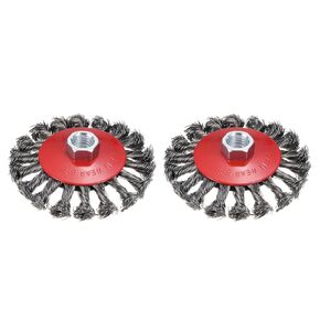 2 Pcs Twisted Knotted Wire Wheel Brush for Grinder - [4 Inch] Carbon Steel for Paint Stripping Cleaning Rust Abrasive, 5/8Inch-11 Threaded Arbor, 0.02 Inch Carbon Steel Wire, Red