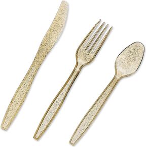 Juvale 96 Pack Gold Glitter Plastic Silverware for Wedding Party Supplies, Cutlery Includes Forks, Spoons, and Knives (Serves 32)
