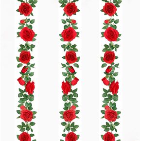 3 Pack Artificial Rose Vine Fake Flower Garland 90 .55 inch Silk Red Hanging Flower for Home Outdoor Wedding Decoration