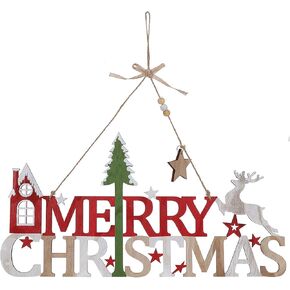 Merry Christmas Hanging Wooden Wall Signs (16.5 Inch Red & White)