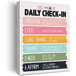 Self Care Wall Art Canvas Painting Mindfulness Print Framed Daily Check-in Mental Health Poster Canvas Sign for Therapy Office Decor (12x15 Inch)