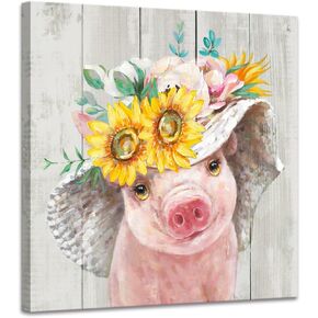 Funny Piggy and Pink Butterfly Pig Pictures Wall Art Farmhouse Wall Decor Farm Animal Canvas Poster Mural for Bedroom Bathroom and Kitchen Framed and Ready to Hang 10"x15"