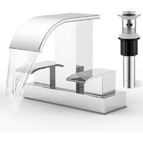 Bathroom Sink Faucet with Drain, 2 Handles Bathroom Centerset Faucets for Bathroom Sink 2 or 3 Hole, Waterfall Bathroom Faucet with Overflow Metal Pop-up Drain, Brushed Gold