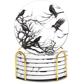 AnyDesign 6Pcs Halloween Coasters with Holder Silhouette Tree Crows Drink Coasters Branches Black Ceramic Cup Mats for Party Home Office Table Decor, 3.9 x 3.9 inch
