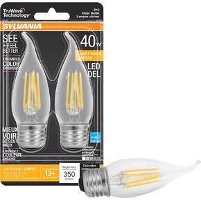 LEDVANCE SYLVANIA LED TruWave Natural Series Décor Light Bulb, B10 Chandelier 40W Equivalent, Efficient 4W, Candelabra Base, Dimmable, 350 Lumens, 2700K, Clear, Soft White - 2 Pack (40755)
