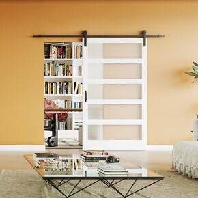 48in x 84in Glass Barn Door, 5-Panel Frosted Glass Barn Door, with 4 Ft x 2 Sliding Door Hardware Kit, Handle, Solid Wood and MDF White Door Panel, Waterproof PVC Surface, Pre-drilled Holes.