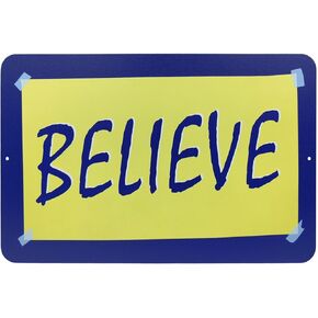 Believe Inspirational Words Decorative Metal Sign, 12"x8", Inspirational Quote Sign for Home and Office Decor (Blue)