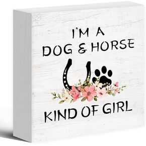 Dog Lovers Gifts Horse Gift for Women Wood Box Sign Desk Decor, I'm a Dog and Horse Kind of Girl Wooden Block Sign Decorations for Home Kitchen Girls Room Wall Tabletop Shelf Decor