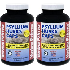 Yerba Prima Psyllium Husks Caps 180 caps (Pack of 2) - Natural Fiber Supplement and Colon Cleanse - Gut Health - Non-GMO Gluten Free