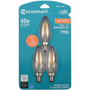 EcoSmart 40-Watt Equivalent B11 E12 Base Dimmable Clear Filament Vintage Style LED Light Bulb, Soft White (3-Pack)