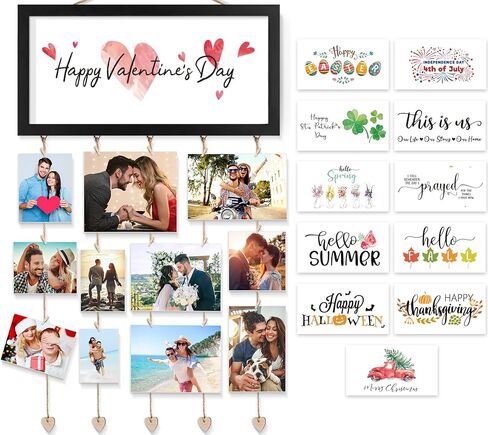 Valentines Day Cards Holder Valentines Day Decor Wall Display Hanging Photo Holder with 30 Photo Clips & 10 Interchangeable Holiday Sayings Valentines Day Gifts For Kids Him Her Picture Frame Collage in Kuwait