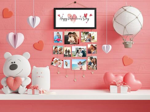 Valentines Day Cards Holder Valentines Day Decor Wall Display Hanging Photo Holder with 30 Photo Clips & 10 Interchangeable Holiday Sayings Valentines Day Gifts For Kids Him Her Picture Frame Collage in Kuwait