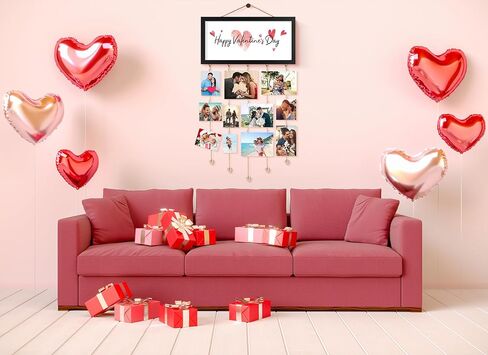 Valentines Day Cards Holder Valentines Day Decor Wall Display Hanging Photo Holder with 30 Photo Clips & 10 Interchangeable Holiday Sayings Valentines Day Gifts For Kids Him Her Picture Frame Collage in Kuwait