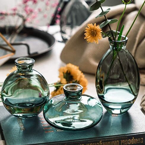 Gold Rim Glass Bud Vase, 3Pcs/Set Modern Decorative Small Mini Flowers Vases Short Minimalist Aesthetic Home Decor Vintage Cute Handmade Tiny Wedding Table Centerpieces for Single Flower Rose in Saudi Arabia