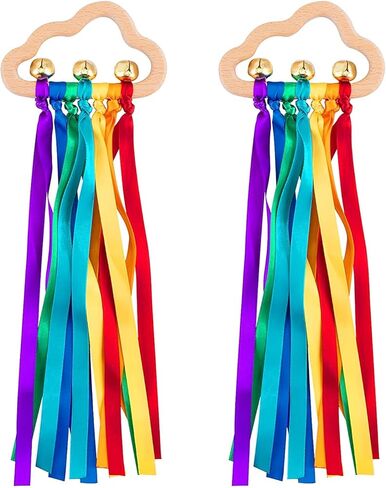 ألعاب الأطفال لعبة شريط حسية - قطعتان من شريط قوس قزح خشخيشة شريط خشبي طبيعي دائرة خشبية لحديثي الولادة لعبة مونتيسوري الحسية هدية للأطفال الرضع والأطفال الصغار in Kuwait