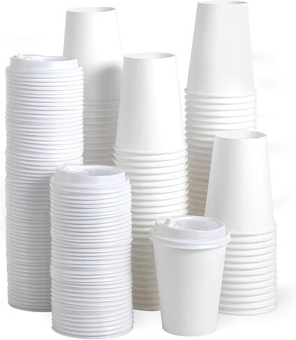 JOLLY PARTY [100 Pack] 12 oz Disposable Paper Coffee Cup with Lids, Hot/Cold Beverage Drinking Cup for Water, Juice, Coffee or Tea, Suitable for Home, Shops and Cafes in Saudi Arabia