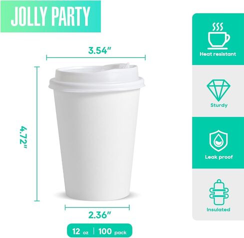 JOLLY PARTY [100 Pack] 12 oz Disposable Paper Coffee Cup with Lids, Hot/Cold Beverage Drinking Cup for Water, Juice, Coffee or Tea, Suitable for Home, Shops and Cafes in Saudi Arabia