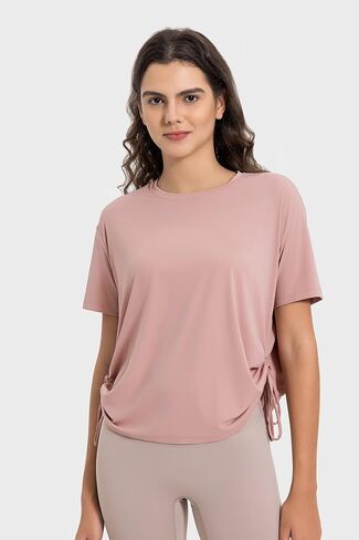 altiland Drawstring Side Ruched Workout T Shirt for Woman, Quick Dry Athletic Tee Yoga Exercise Running Tops Loose Fit in Kuwait
