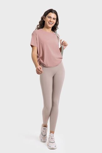 altiland Drawstring Side Ruched Workout T Shirt for Woman, Quick Dry Athletic Tee Yoga Exercise Running Tops Loose Fit in Kuwait