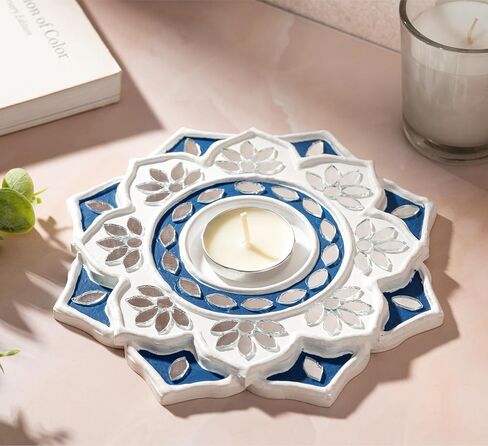 حامل شموع الشاي الخفيف من IndoTribe - 6 بوصة، حامل شموع Lippan Tealight باللونين الأزرق والأبيض | حامل إضاءة على شكل حرف T لديكورات ديوالي للمنزل، غانيش بوجا، ديكورات الزفاف الهندية in Kuwait