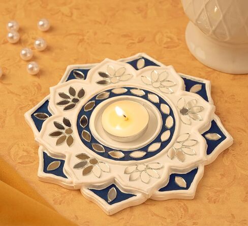 حامل شموع الشاي الخفيف من IndoTribe - 6 بوصة، حامل شموع Lippan Tealight باللونين الأزرق والأبيض | حامل إضاءة على شكل حرف T لديكورات ديوالي للمنزل، غانيش بوجا، ديكورات الزفاف الهندية in Kuwait