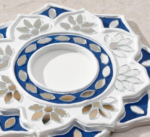 حامل شموع الشاي الخفيف من IndoTribe - 6 بوصة، حامل شموع Lippan Tealight باللونين الأزرق والأبيض | حامل إضاءة على شكل حرف T لديكورات ديوالي للمنزل، غانيش بوجا، ديكورات الزفاف الهندية in Kuwait